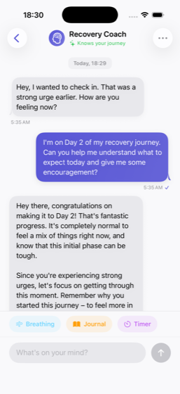 MyQuitPal AI coach screen with private recovery support.